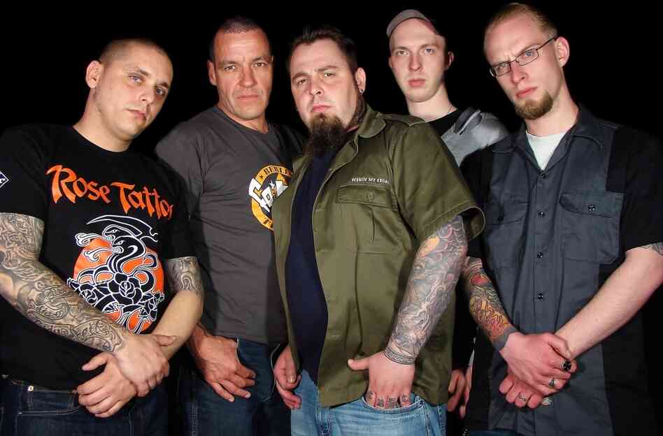 Toxpack drummer, Hinrich Schmidt, second from left, says anti-fascist peers have labeled the band "grey zone," referring to bands sympathetic to right-wing politics. Toxpack drummer, Hinrich Schmidt, second from left, says anti-fascist peers have labeled the band "grey zone," referring to bands sympathetic to right-wing politics.